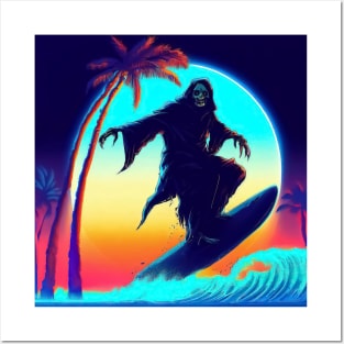 Spooky retro grim skeleton surfing on palm beach Posters and Art